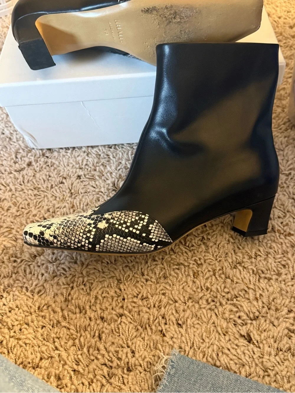 Designer Ankle Boots with Black-and-White Snake-Print Toe US 8